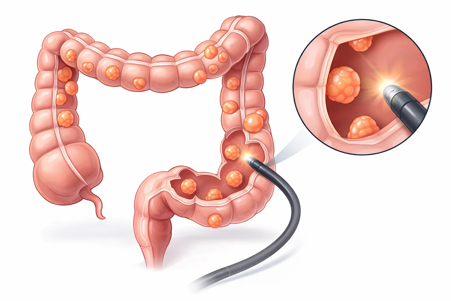 Medical illustration of colonoscope detecting and examining polyps inside the colon