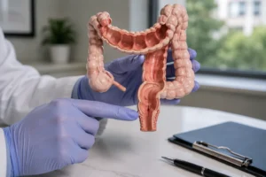 Anatomical illustration showing the separation between the lower abdomen and the anal canal, illustrating that hemorrhoids cause local pain and not abdominal bloating or gas