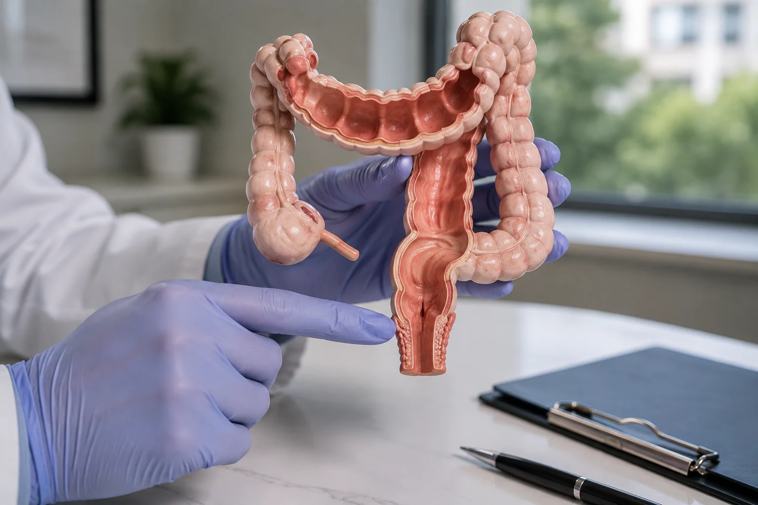 Anatomical illustration showing the separation between the lower abdomen and the anal canal, illustrating that hemorrhoids cause local pain and not abdominal bloating or gas