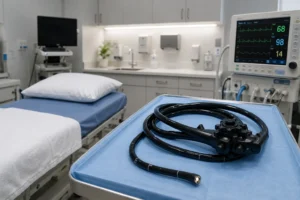 Calm patient's hand with IV line placed in a modern endoscopy suite, illustrating the propofol sedation that makes upper endoscopy painless