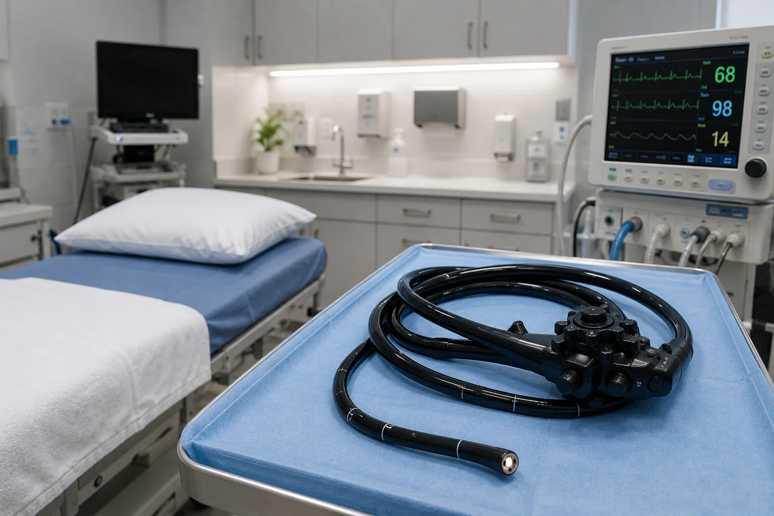 Calm patient's hand with IV line placed in a modern endoscopy suite, illustrating the propofol sedation that makes upper endoscopy painless