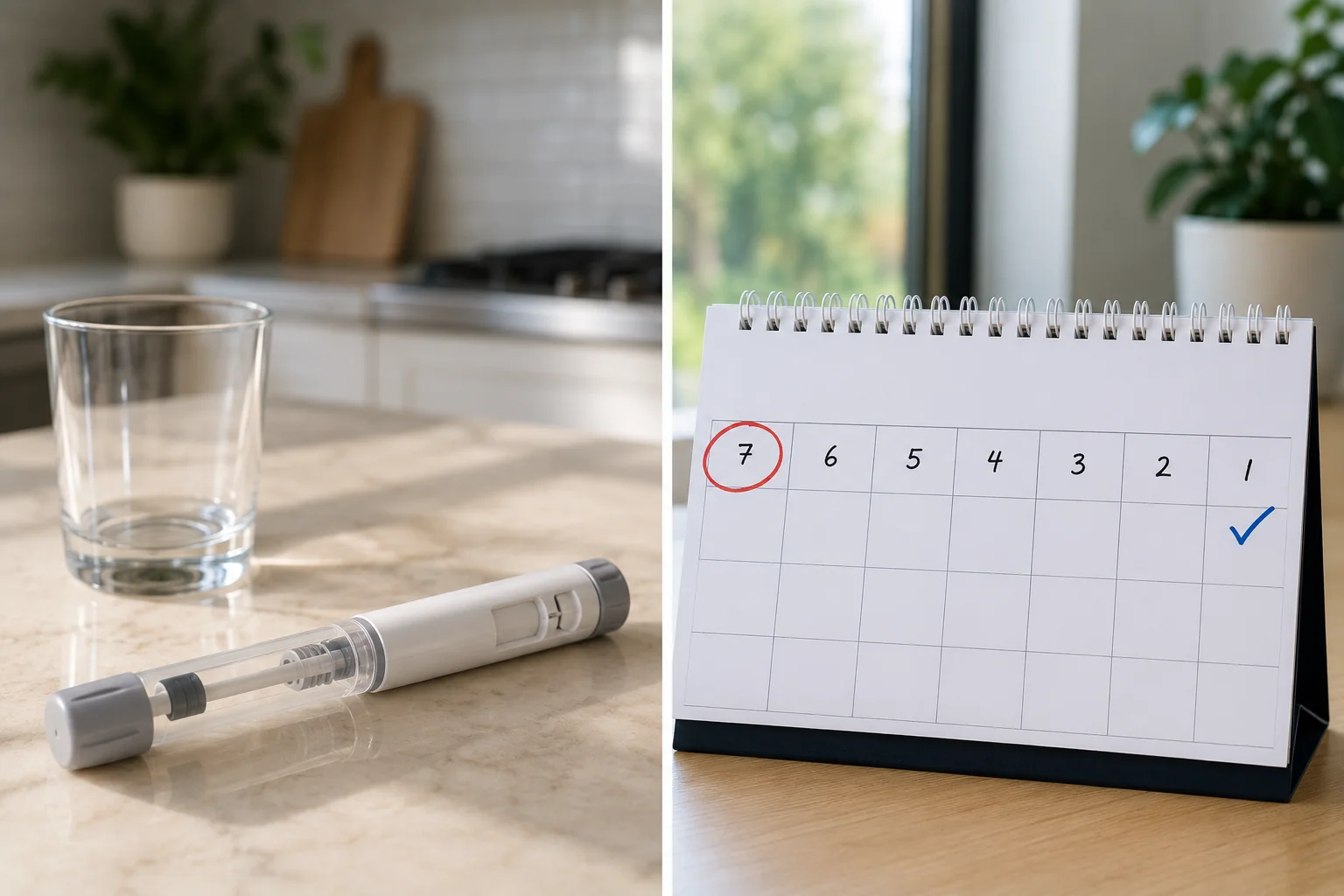Calendar with a date circled in red beside a generic injection pen device and a glass of water, illustrating the 1-week hold of GLP-1 medications before an endoscopy