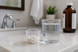 Split comparison of pill-form bowel prep tablets with a glass of water on the left and a large bottle of liquid bowel prep on the right, representing the Sutab vs liquid prep choice for colonoscopy
